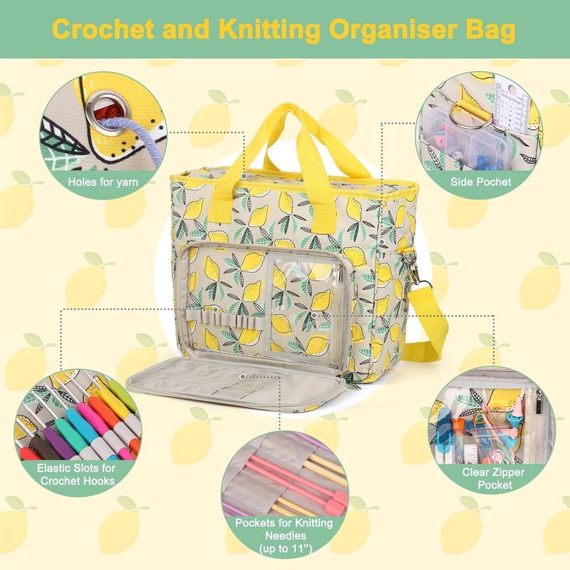 Aeelike Yarn Storage Organizer Travel Crochet Bag, Large Capacity Tote Bag Knitting Bag for Carrying Projects, Knitting Needles, Crochet Hooks and Yarn, Fruit Yellow Lemon - Image 4